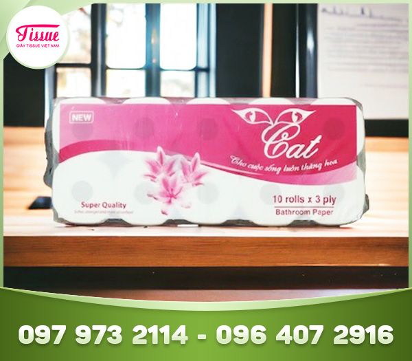Giấy vệ sinh lõi trắng siêu nhẹ Cat màu hồng cao cấp 3 lớp 10 cuộn
